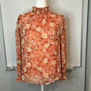 1.State Floral Blouse Lined Peach Gold Rust Cream Long Sleeve Smocked L